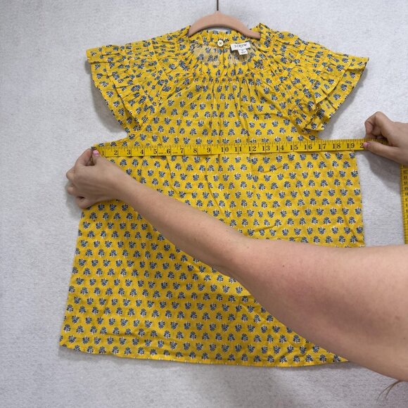 J Crew Shirt Womens Medium Yellow Blue Floral Ruffle Sleeve 100% Cotton Boho Top - Picture 3 of 9